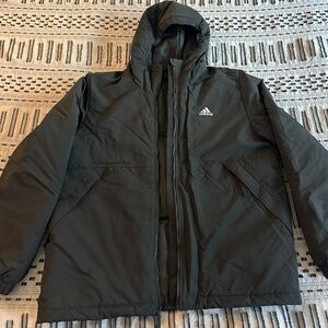 Mens black adidas size large puffer weatherproof hooded zip up jacket
